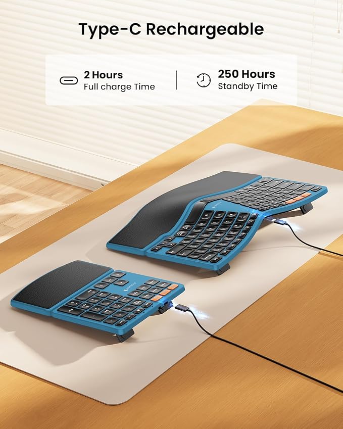 ProtoArc Wireless Ergonomic Keyboard with Separate Number Pad - Blue | 2.4G and Dual Bluetooth, Hard Palm Rest, Split Design, Rechargeable, Compatible with Windows, Mac - Image 6