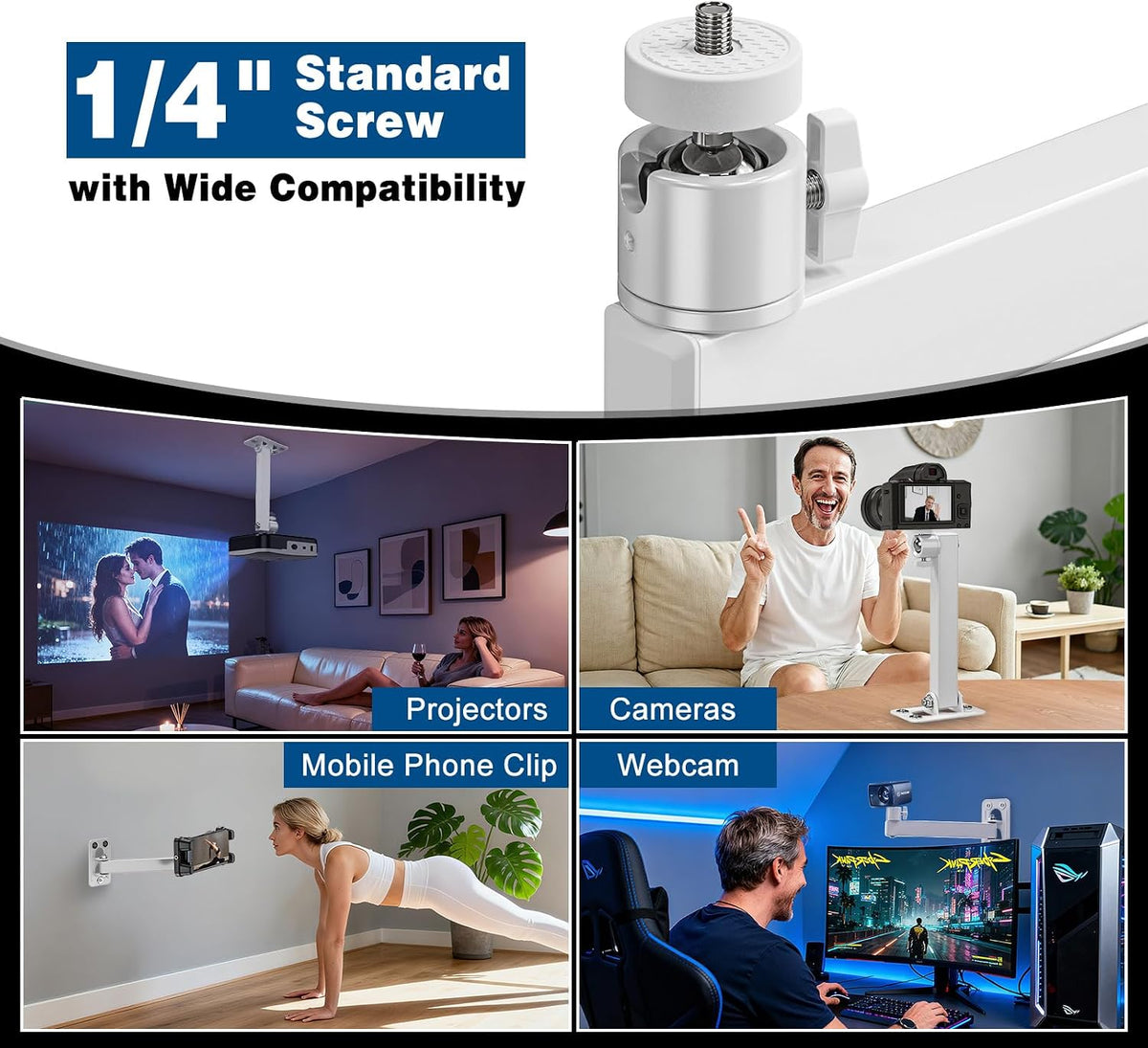 Projector Stand, Projector Wall Mount with 1/4-Inch Thread, White - Image 6