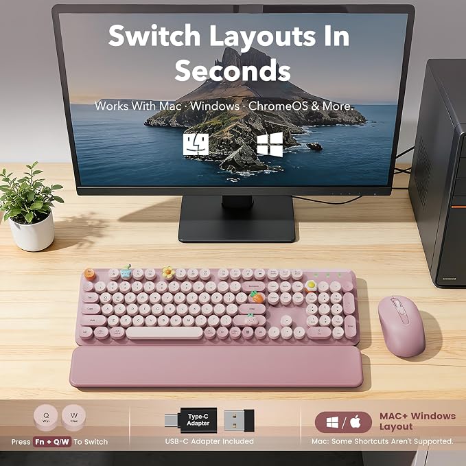 Wireless Keyboard and Mouse Combo, Full-Size Typewriter-Style Keyboard with Round Keycaps, Magnetic Wrist Rest, Tilt Legs, 2.4GHz Cordless for Mac, Windows PC, Laptop, SABLUTE CK23, Dusty Rose | Full-Size Retro Typewriter-Style Keyboard, Tilt Legs, Aut... - Image 9