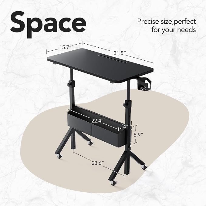 HUANUO Portable Standing Desk Adjustable Height, Mobile Stand Up Desk for Walking Pad and Treadmill, Rolling Computer Table with Wheels, 31.5"x15.75" Height 28.7"-46.1", Black - Image 3