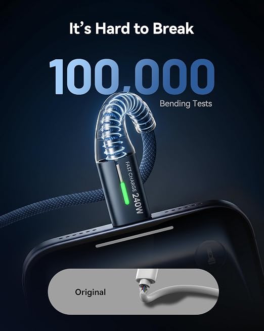INIU 240W USB C to USB C Cable, [6.6ft+6.6ft] Fast Charging Type C, Blue | Nylon Braided, Fast Charging, LED Indicator, USB-C Data Transfer, for iPhone 17 16 Pro, MacBook Pro, iPad, Samsung S26 etc - Image 4