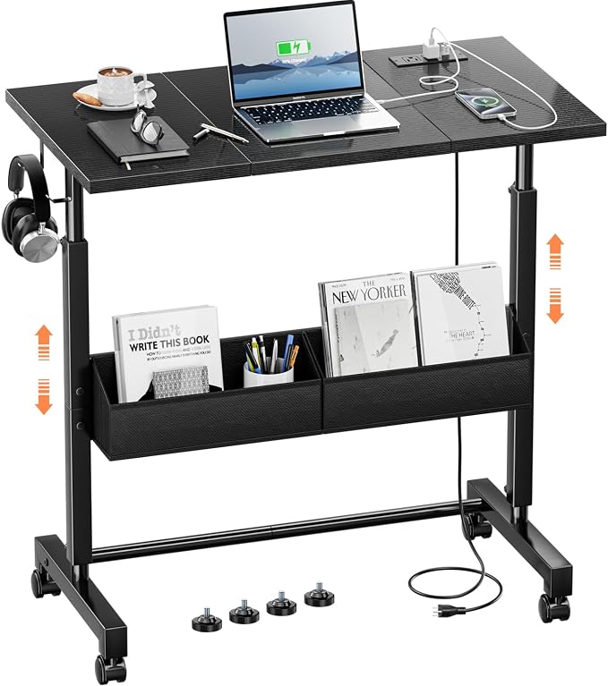 Small Mobile Standing Desk: 5-in-1 Charging Station - Power 5 Devices | Move & Charge in Any Room, Sit-Stand or Walk While Working, Store Supplies in Side Bags, Fits Small Spaces & Treadmills by sedegnhome