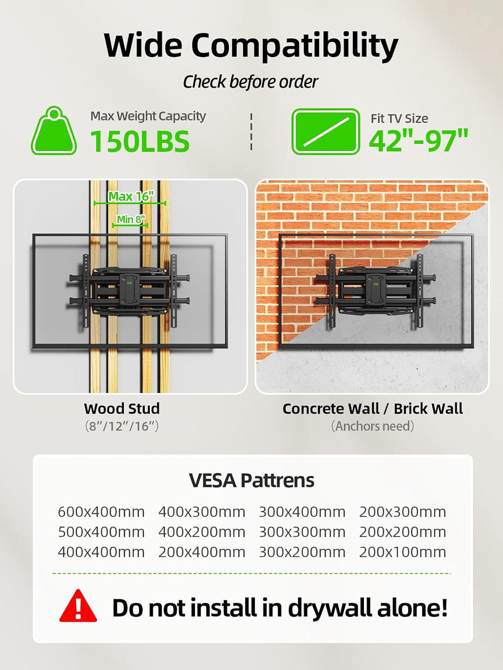 USX MOUNT Full Motion TV Wall Mount for 42-97 Inch TVs up to 150lbs, Swivel and Tilt Wall Mount TV Barcket with Extension, Max VESA 600x400mm & 16" Wood Studs，Fit Most 75 85 86 90 95 inch TVs - Image 4