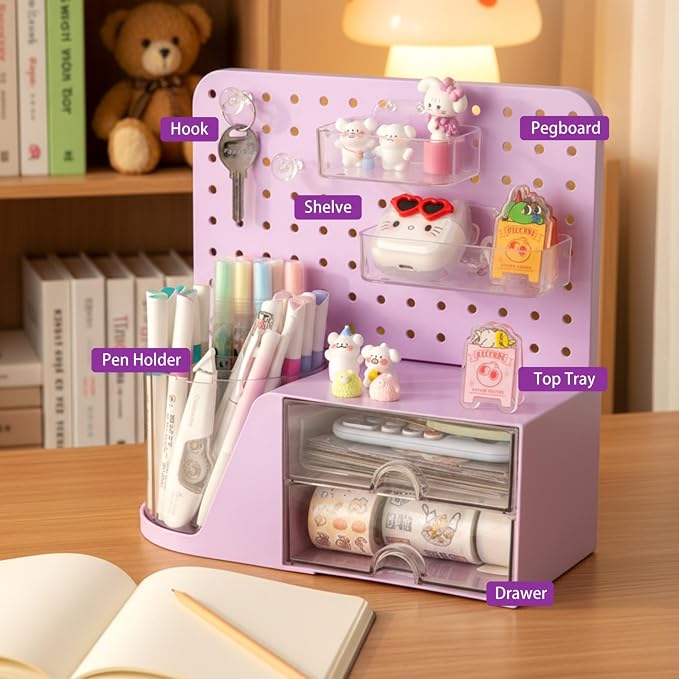 Comix Desk Organizer with 2 Drawer, Purple 360 Rotating Pen Holder for Desk | Desk Organizers and Accessories with 5 Slots Pencil Holder+Pegboard+Drawer, Pen Organizer for Home School Art Office Supplies - Image 3