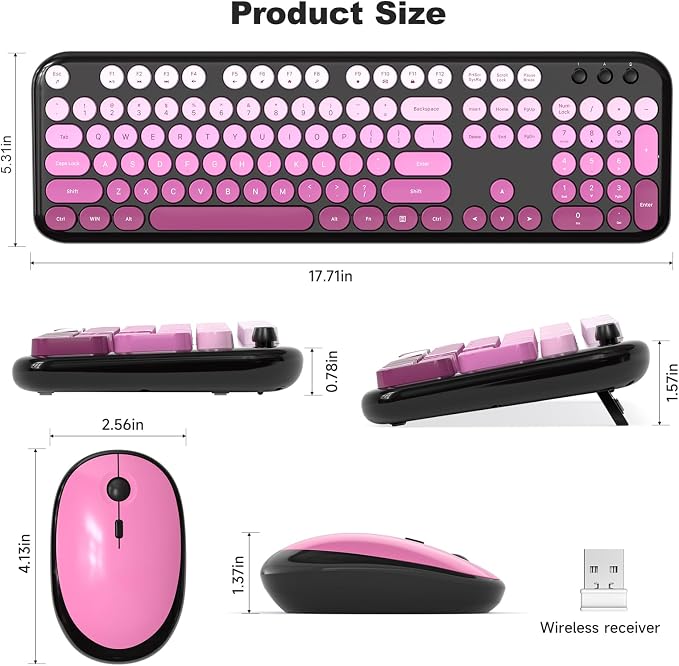 MOFII Wireless Keyboard and Mouse Combo,2.4G Typewriter Keyboard Quiet Mice | Retro Full Size Computer Keyboards, Cute Mouse, USB Dongle Plug and Play, for PC,Laptop,Desktop,Windows (Black Pink Gradient) - Image 6