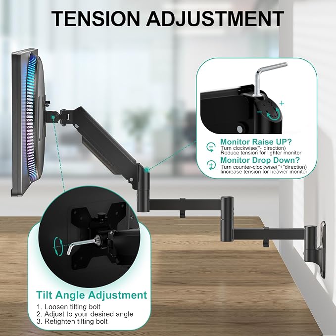 WALI Long Arm Monitor Wall Mount for 17-33 inch Screens, Extra Long Reach Single Wall Mount Monitor Arm, Full Motion Adjustable Vesa Wall Bracket 75x75/100x100mm, up to 22lbs (GSWM001L), Black - Image 9