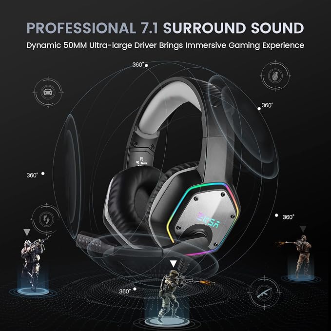 EKSA E1000 USB PC Gaming Headset with Mic, 7.1 Surround Sound | Computer Headphones with Microphone Noise Cancelling, RGB Light, Wired Headphones for PS4, PS5 Console, Laptop, Call Center - Image 3