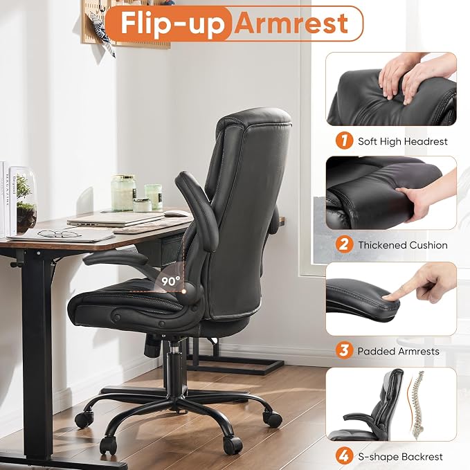 Sweetcrispy Computer Desk Chair, Lumbar Support Video Game Chair PU Leather | High Back Heavy Duty Task Desk, Flip-up Arms, Rolling Wheels, PU Leather, Inky - Image 6