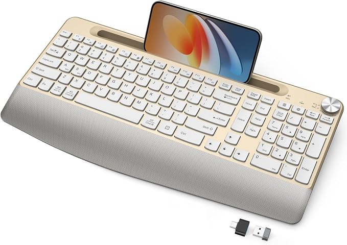 GAMCATZ Ergonomic Wireless Keyboard with Wrist Rest-Low-Profile,Phone/Tablet Holder,Quiet Design，Windows & Mac OS,Cordless USB Computer Keyboard for Desktop,Laptop, PC, Mac, Windows-Gold White by WirelessKeyboardAndMouse