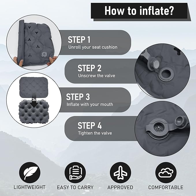 Inflatable Seat Cushion, Lightweight Stadium Seat Pad, Travel Air seat Cushion Anti-Slip for Airplane, Long Flights, Hiking, Climbing, Home and Camping, Compact Air Cushion,Black - Image 4