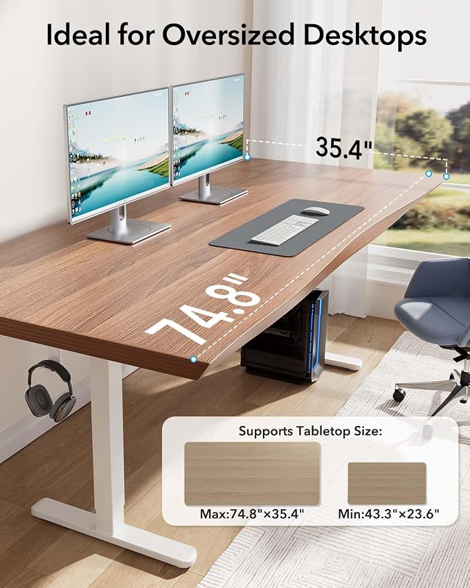 HUANUO Standing Desk Frame with Brushless Motor for Max 75 x 35 inch Tops | 220lbs capacity,4 preset heights,28.3"-46.5" Height Range,Stable Steel Legs,quiet lift,Cable Tray & Dual Hooks,Whtie finish - Image 5