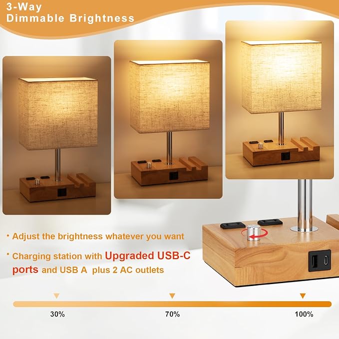 Wood Grain Table Lamp for Bedroom, Stepless Dimmable, USB C+A, 2 AC Outlets | Dimming By Rotary Knob, USB C+A Ports, 2 Phone Stands, LED Bulbs Included, Rectangle Beige Lampshade, for Living Room, Desk - Image 3