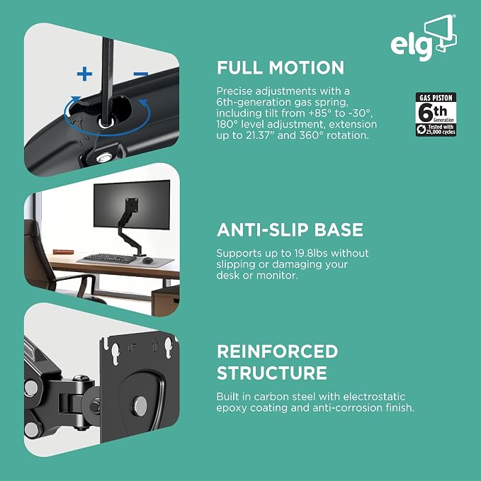 ELG Gas Spring Monitor Arm, Full Motion, 20.9" Reach, 17-35" Screens 19.8 lbs, +85°/-30° Tilt, 360° Rotation, C-Clamp & Grommet, VESA 75x75 to 100x100mm, Cable Organizer, Black - Image 3