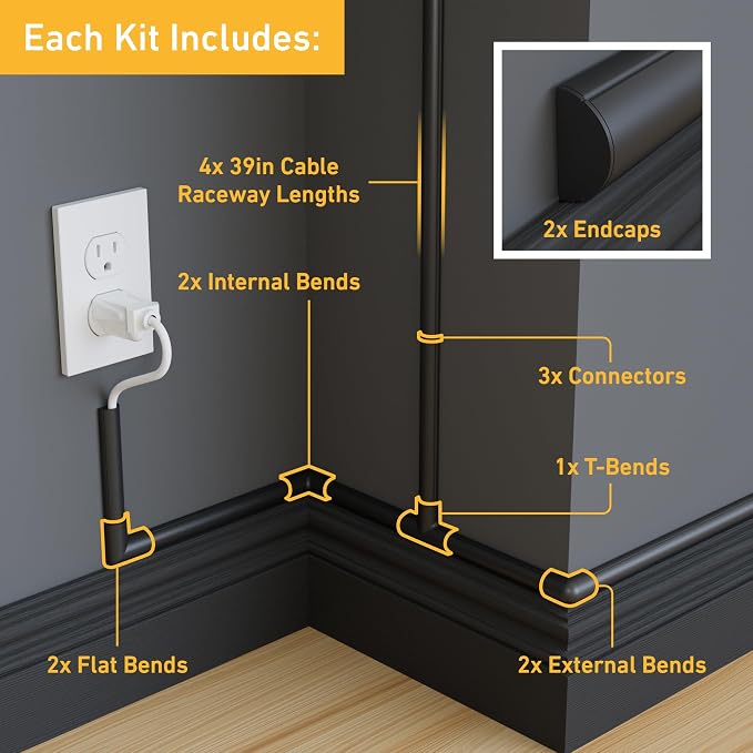 D-Line 13.12ft Cord Hider Kit, Patented Cable Cover, Hide Wires on Wall, Channel for TV Mount Cords, Raceway Wire Hiders, Paintable, Adhesive, Half Round, 4X 0.78in W x 0.39in H x 39in Lengths, Black - Image 2