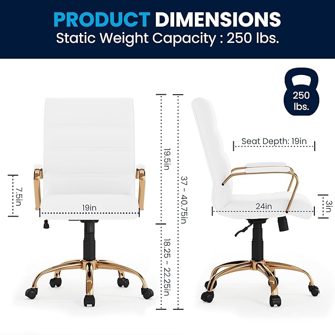 Flash Furniture Mid-Back White LeatherSoft Executive Swivel Office Chair with Gold Frame and Arms - Image 3