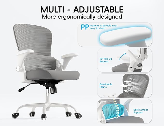 TRALT Office Chair - Ergonomic Office Chair with Back Support for Adults | Home Office Desk Chair with Lumbar Support - Ergonomic Mesh Chairs 330 lb Wide Seat for Work, Study, Office, Gaming(Grey) - Image 4