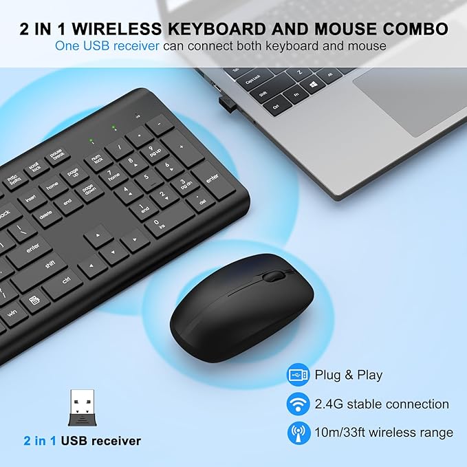 Wireless Keyboard and Mouse Combo, Full Size Silent Ergonomic Keyboard and Mouse, Long Battery Life, Optical Mouse, 2.4G Lag-Free Cordless Mice Keyboard for Computer, Mac, Laptop, PC, Window(2 Pack) - Image 2