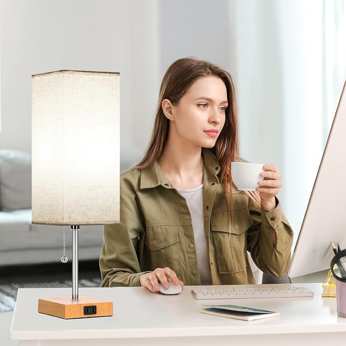 18'' Table Lamp for Bedroom set of 2,3-Color Bedside Lamps with Pull Chain | Table Lamps for Nightstand with AC Outlets,Night Light Lamps with 2 Bulbs Lamps for Living Room Kids Room Office Decor（Wood） - Image 6