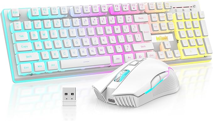 RedThunder K10 Wireless Gaming Keyboard and Mouse Combo, RGB Backlit Rechargeable 3800mAh Battery, Mechanical Feel Anti-ghosting Keyboard + 7D 3200DPI Mice for PC Gamer(White Pudding) by RedThunder