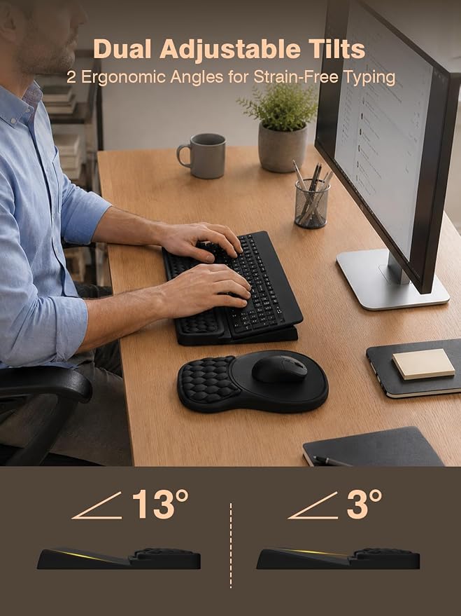 Ergonomic Keyboard and Mouse Pad Combo with Stand/Wrist Rest, Black | Keyboard Riser Mousepad for Desk with Soft Memory Foam, Comfy Massage, Non-slip PU Base,Carpal Tunnel Pain Relief - Image 4