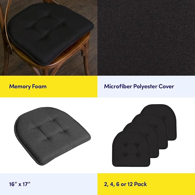 Sweet Home Collection Chair Cushion Memory Foam Pads Tufted Slip Non Skid Rubber Back U-Shaped 17" x 16" Seat Cover, 4 Count (Pack of 1), Black - Image 6
