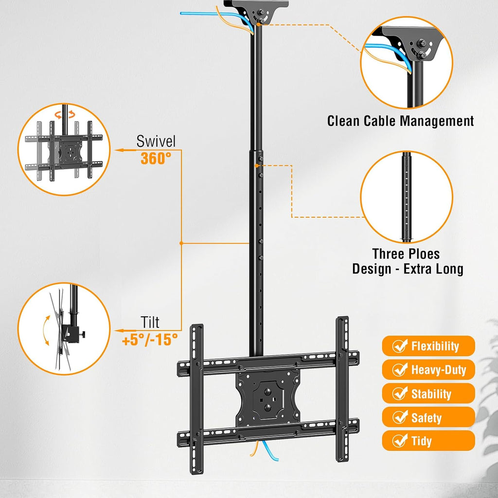 Ceiling TV Mount for 37"-75" TVs, 360° Swivel, 57" Height Adjustable - Image 4
