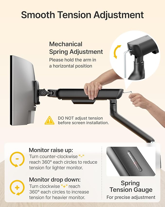 monTEK Mechanical Spring Dual Monitor Arm for 27 32 34 inch Screens Black | Built-in One-Way Bearing, Holds 26.4 lbs, VESA 75/100mm, C-Clamp/Grommet Base & Cable Management, Office, Home, Game - Image 9