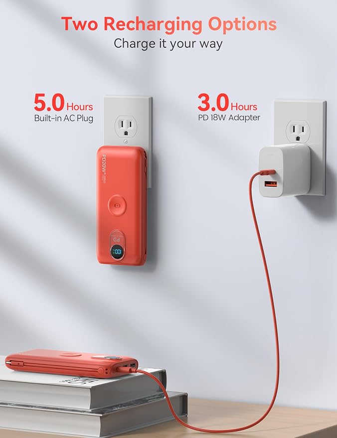 Portable Charger Power Bank 10000mAh PD20W w/Built-in Cables & AC Plug | Portable charger iphone,Fast charging, Built-in wall plug, LED display, Charge 6 devices at once, Pass through charging - Image 6