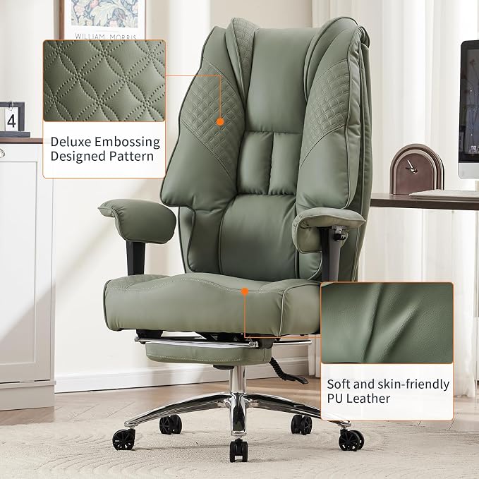 EXCEBET Big and Tall Office Chair 400lbs Wide Seat, Leather High Back Executive Office Chair with Foot Rest, Ergonomic Chairs Lumbar Support for Lower Back Pain Relief (Light Green) - Image 6