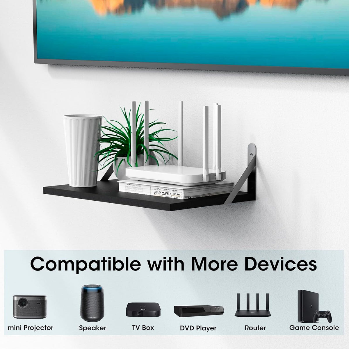 DAWASAPAT Projector Shelf, All Black Projector Wall Mount Floating Shelf, Projector Stand, Projector Rack Holder, 15.7" x 9.8" (L*W) Projector Mount with Cable Ties-2pcs - Image 4