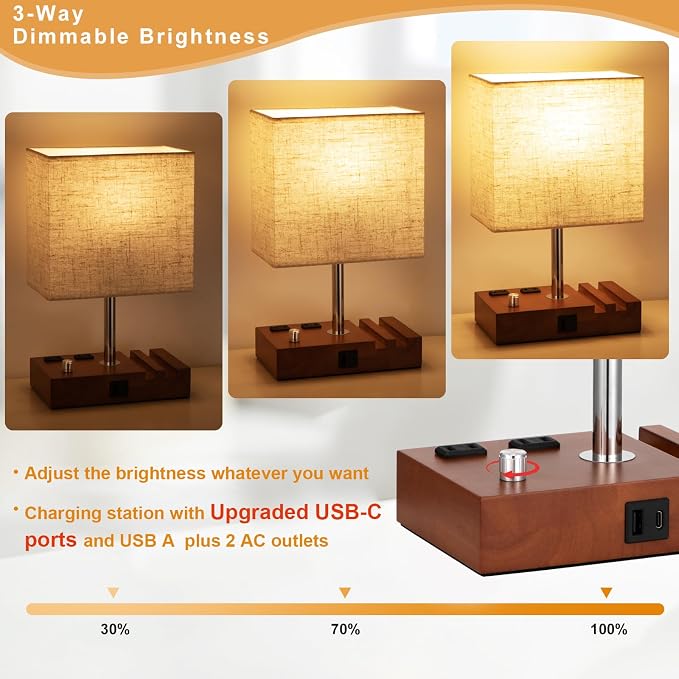Brown Wood Grain Bedside Lamp - Stepless Dimmable, USB C+A, 2 AC Outlets | Dimming By Rotary Knob, USB C+A Ports, 2 Phone Stands, LED Bulbs Included, Rectangle Beige Lampshade, for Living Room, Desk - Image 3