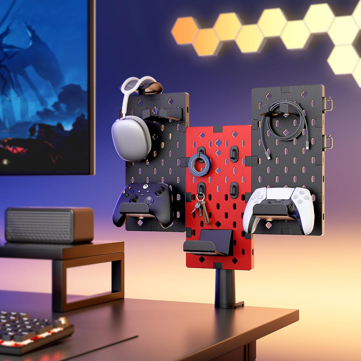 PEGZONE Modular Headphone and Controller Holder for Game, Clamp-on Pegboard, Rotatable Controller Stand with Cable Hooks, Gaming Accessory for Xbox PS5 PS4 Nintendo Switch, 3Pcs Pegboard, Red - Image 9
