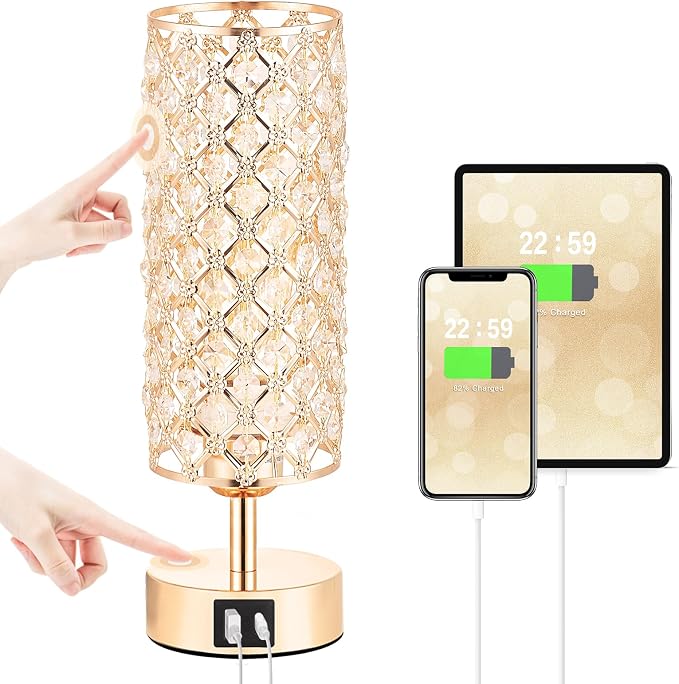 Crystal Table Lamp, 3 Way Dimmable Touch Lamps for Night Stands, Gold | Gold Crystal Touch Lamp for Bedroom with USB-C/A, Bulb included by Hong-in