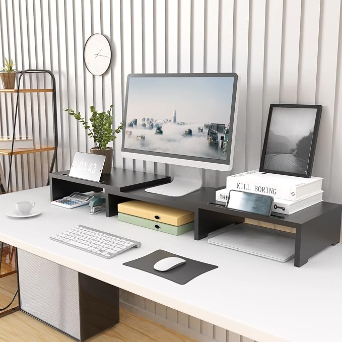 WALI Dual Monitor Stand Riser, 3 Shelf Laptop and Computer Monitor Stand with Phone Holder, Length and Angle Adjustable Desk Organizer (PTT007T-B), Black - Image 2