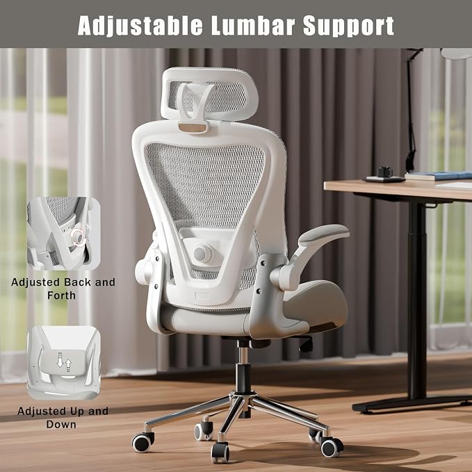 Grey Ergonomic Home Office Desk Chair, Premium Thickened Leather Curved seat with Breathable mesh Back, 3D headrest and Adjustable Lumbar Support, Ideal Chair for Office or Gaming, Gray - Image 3