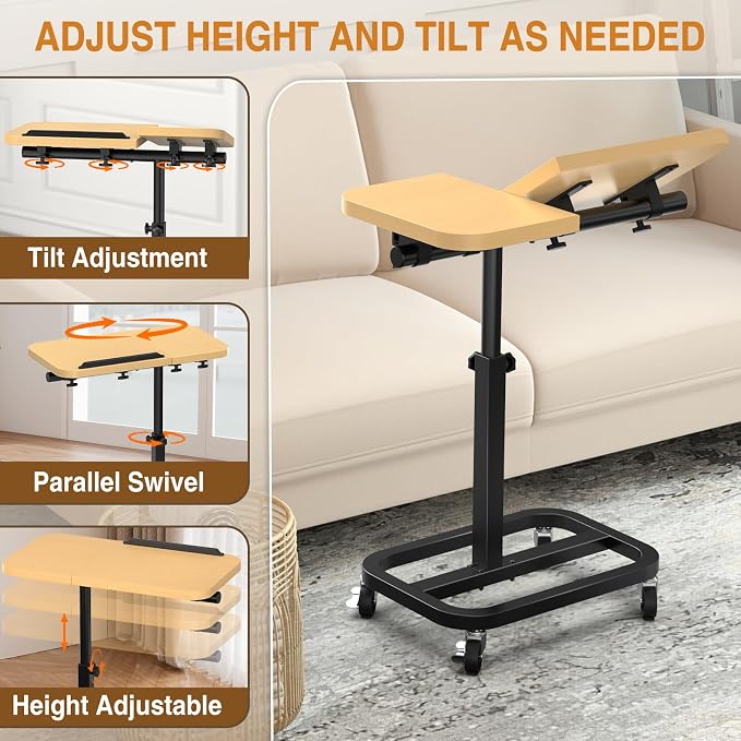 Portable Rolling Over Bed Laptop Desk, Adjustable Height and Tilt for Home | Alentar Large-Size Mobile Laptop Stand for Bed, Sofa TV Tray with Wheels, Sturdy Welded Metal Frame, Wood, 25” x 12.99” - Image 3