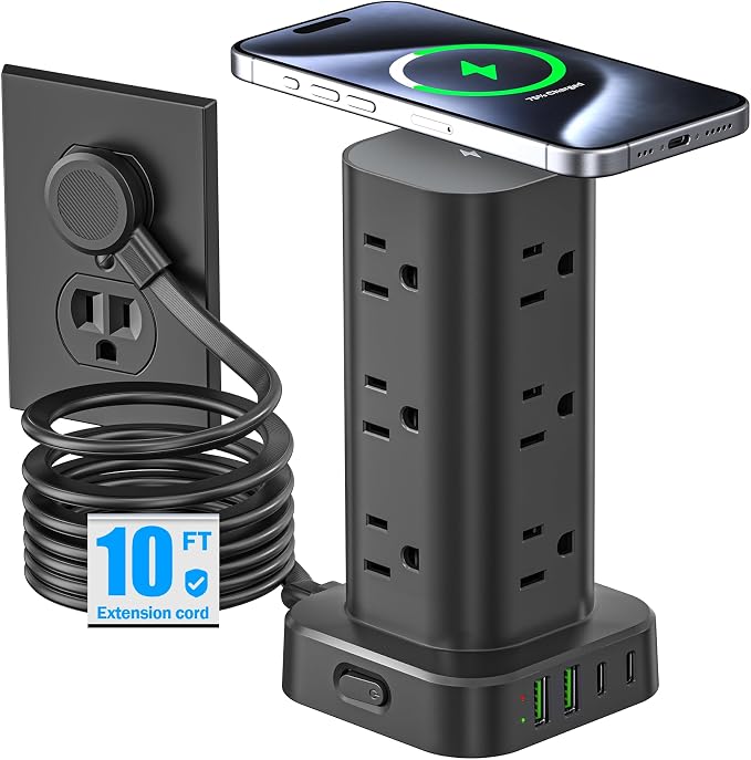 Tower Power Strip with 15W Wireless Charger, 10FT Flat Plug Extension Cord with Multiple Outlets, 12 AC Outlets, 4 USB Ports (2 USB C) Charging Station Surge Protector for Office Home Dorm Room(Black) by Unknown