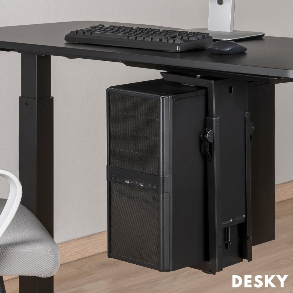 Desky Sliding CPU Mount – Under Desk Adjustable PC Holder with 360° Swivel & Slide Track, Fits Most Towers, Space-Saving Steel Bracket with Padding for Office or Gaming Setup – Black - Image 3