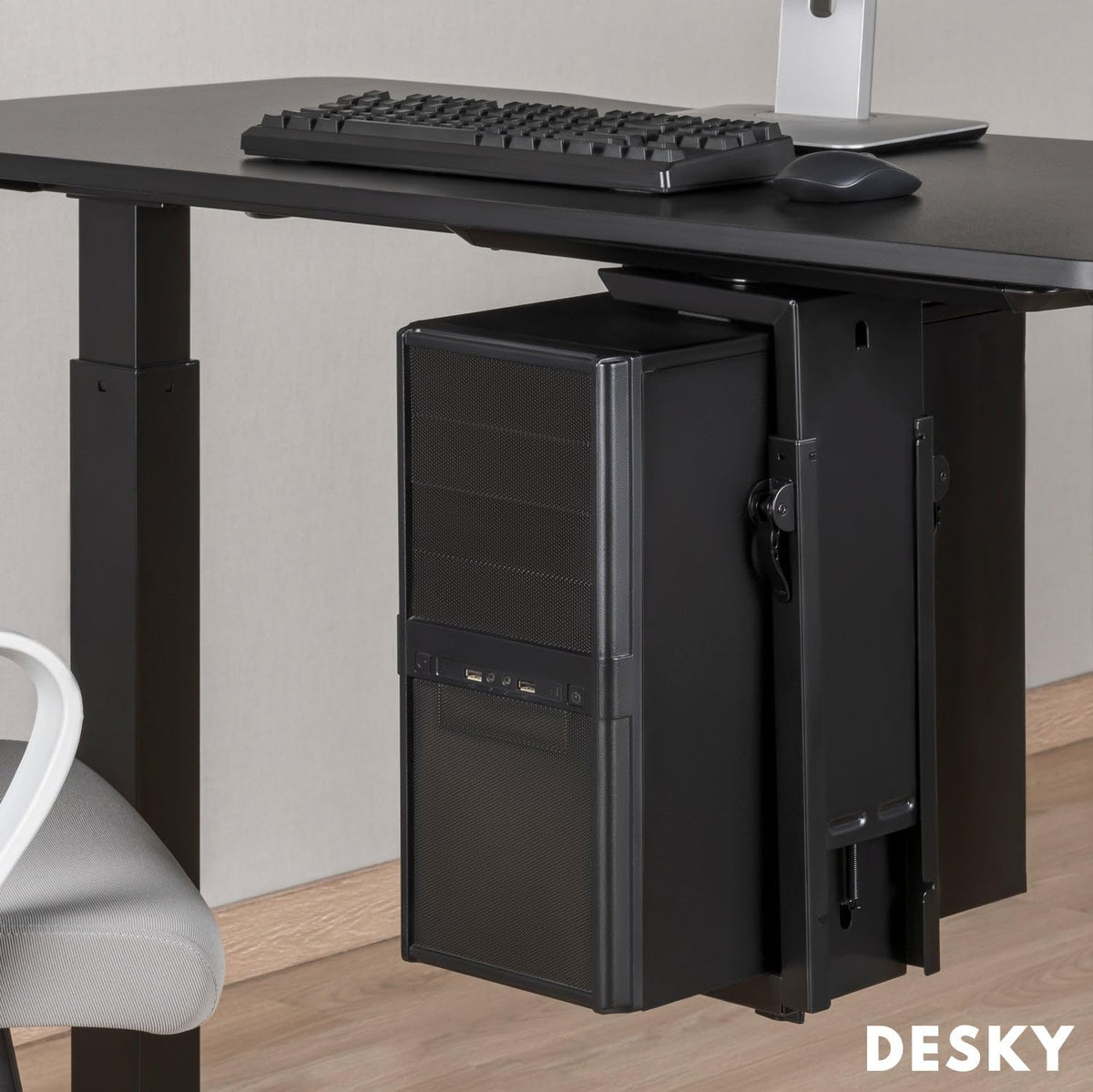 Desky Sliding CPU Mount – Under Desk Adjustable PC Holder with 360° Swivel & Slide Track, Fits Most Towers, Space-Saving Steel Bracket with Padding for Office or Gaming Setup – Black - Image 3