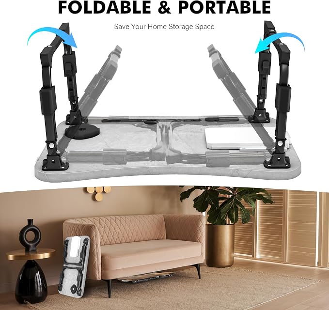 Lap Desk for Bed Adjustable Height, Foldable Bed Table with Storage Drawer, Tablet Slot & Cup Holder, Portable Laptop Stand for Bed & Sofa, Bed Desk for Adults & Kids, Light Stone Color - Image 8