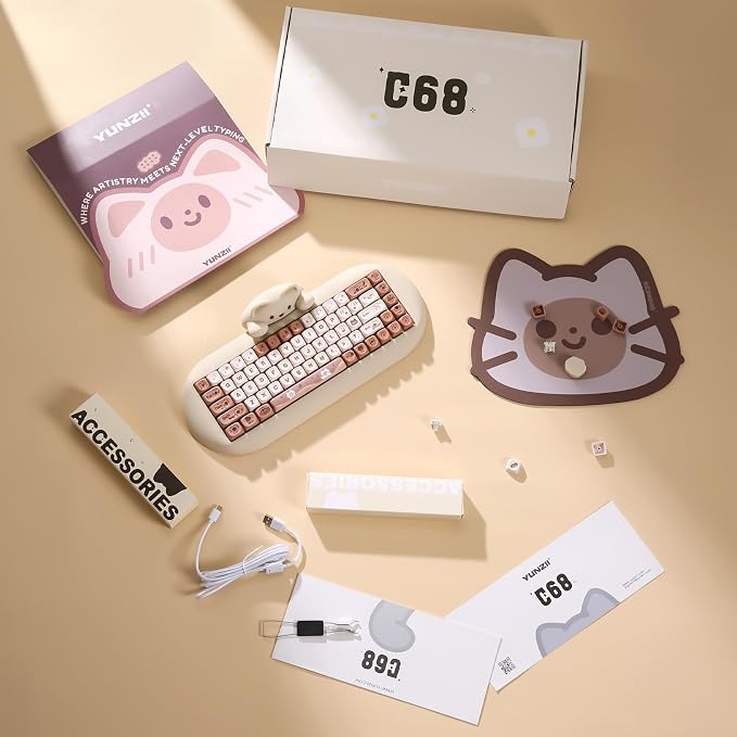YUNZII C68 Silicone Cute Cat Mechanical Keyboard (Brown,Cocoa Cream Switch) | Wireless Triple Mode BT5.0/2.4G/Wired, RGB Backlit NKRO, Cute Cat Silicone Ergonomic Design for Win/Mac - Image 9
