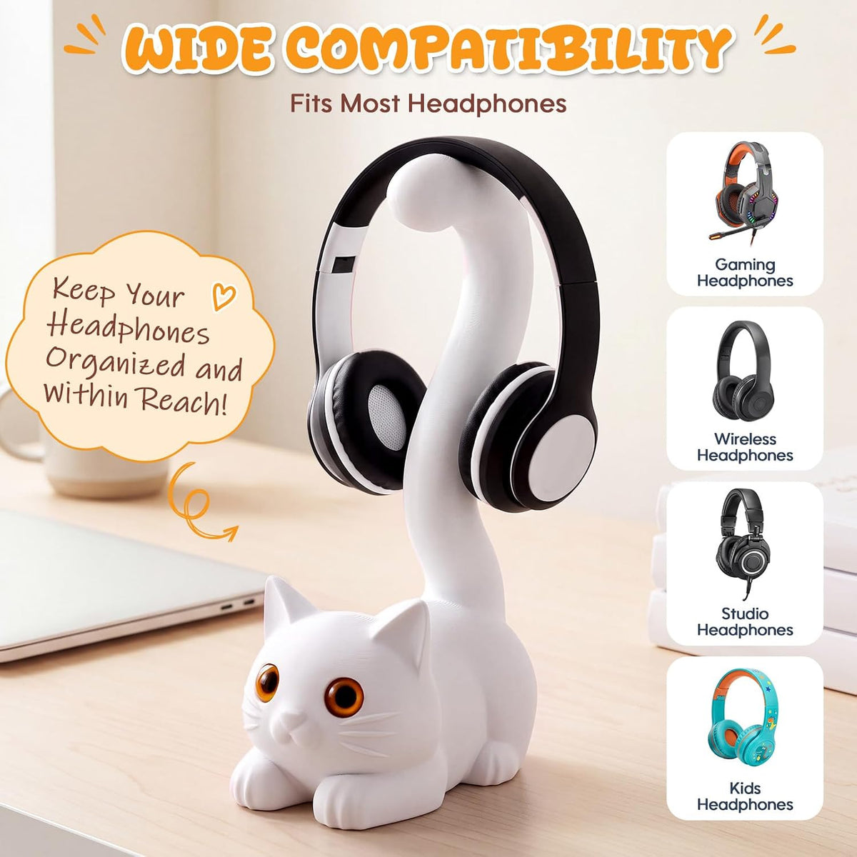 Yalikop 3D Printed Cat Headphone Stand Desktop Headset Holder 9.84''H,White - Image 3