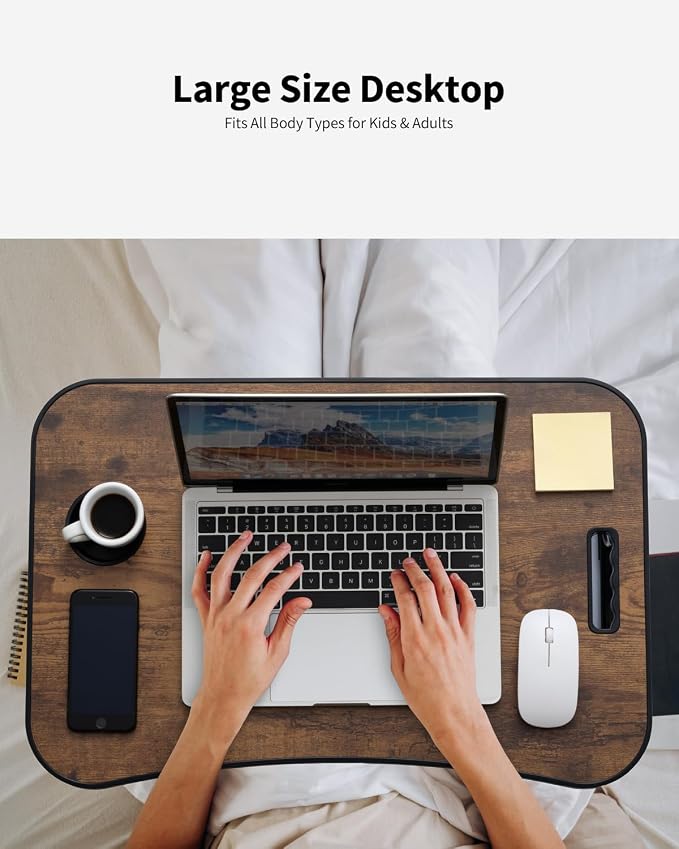 Foldable Lap Desk, Laptop Bed Desk, Portable Lap Table, Laptop Bed Table with Cup Holder & Tablet Slot & Lifting Handle for Working Writing Drawing & Eating - Brown - Image 3