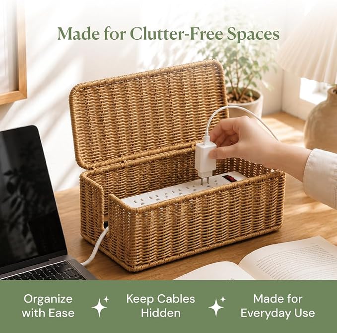 Cable Management Box, Handmade Rattan Cord Organizer for Power Strip | Open Slots Cord Hider for Power Strip, Router & USB Hub, Registered U.S. Design Patent - Image 9