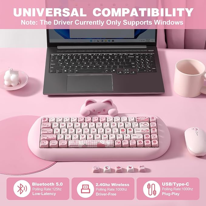 YUNZII C68 Silicone Cute Cat Mechanical Keyboard (Pink, Cocoa Cream Switch) | Wireless Triple Mode BT5.0/2.4G/Wired, RGB Backlit NKRO, Cute Cat Silicone Ergonomic Design for Win/Mac - Image 3