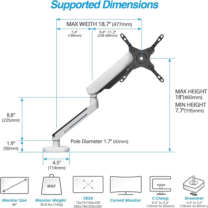 AVLT Single 27”-45” RGB Gaming Monitor Arm Desk Mount - White | 20 Lighting Modes Touch Button Control Fits Flat/Curved/Ultrawide Screens Height Swivel Tilt Rotation Adjustable Stand - Image 4