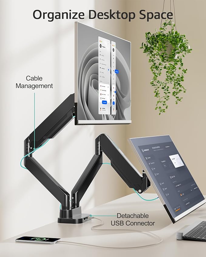 MOUNT PRO Dual Monitor Desk Mount for 39" Ultrawide Screen up to 33lbs, Heavy Duty Monitor Arm Double Gas Spring Arms for 2 Monitors, Adjustable Computer Monitor Stand with USB, VESA 75x75 100x100 - Image 6