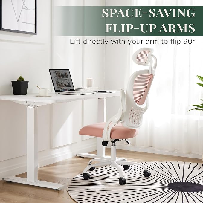 Ergonomic Desk Chair Comfy, Mesh Office Chair, for Home Office | Adjustable Headrests, Flip-up Arms, Breathable Mesh High-Back, Swivel Wheels, for Girls, Pink - Image 3