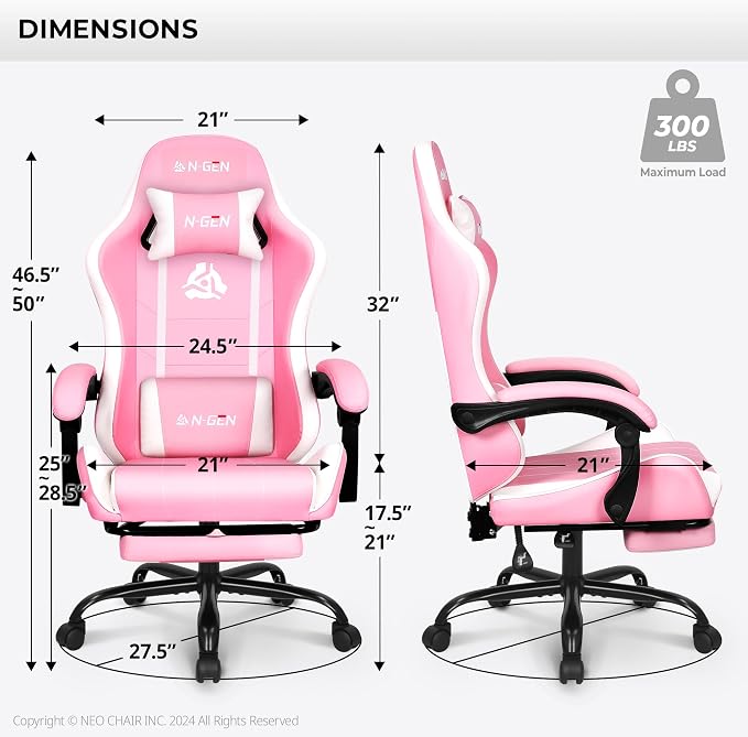 N-GEN GAMING Gaming Chair with Footrest, Lumbar, High-Back, Pink White | Reclining Backrest, Linkage Armrests, Durable PU Leather, Adjustable Comfort for Extended Computer, Desk, or Home Office Use - Image 3