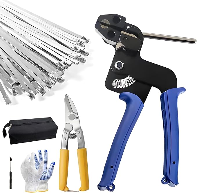 Heavy Duty Stainless Steel Zip Tie Gun Kit with 100pcs Self-Locking Metal Cable Ties, Duty Outdoor Adjustable Fastening Cutting Tie Tool Sets, Durable & Adjustable Tool Set (Blue) by Unknown